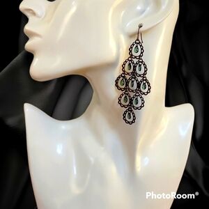 VTG Long Antique Brass Green Prism Gasparilla Chandalier Earrings